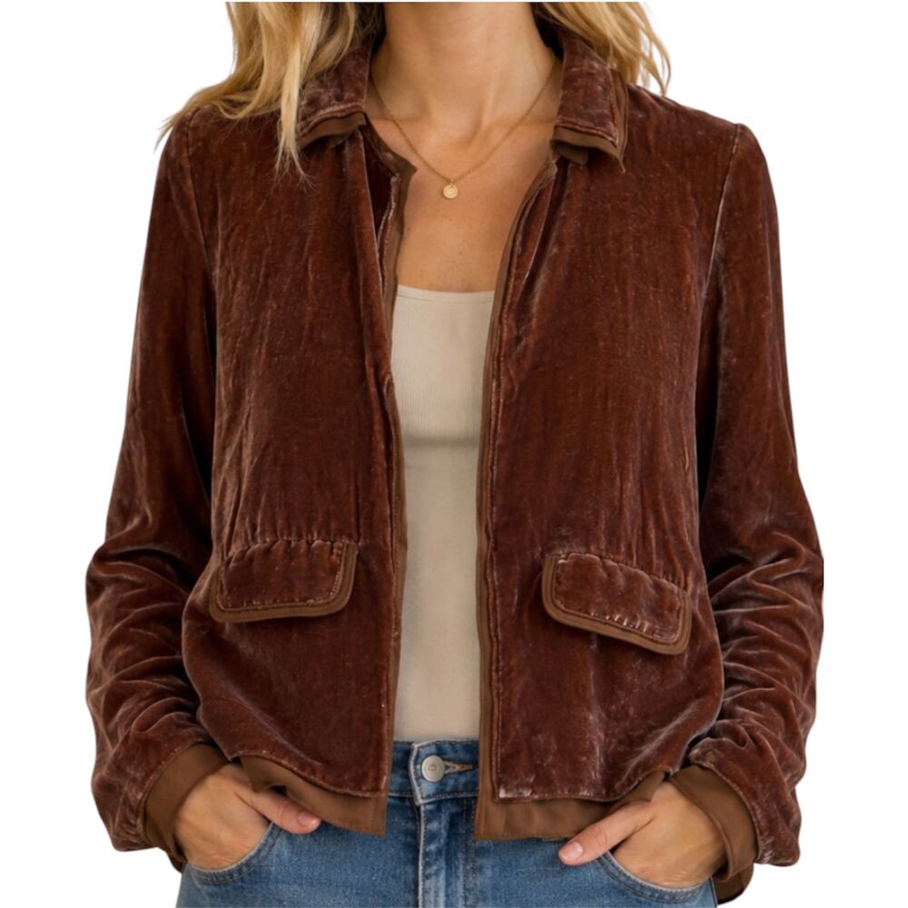 J. Crew Velvet Layered Blazer Collared Flap Pockets Button Western Silk Brown 2
